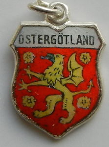 Ostergotland SWEDEN Crest Vintage Silver Enamel Travel Shield Charm